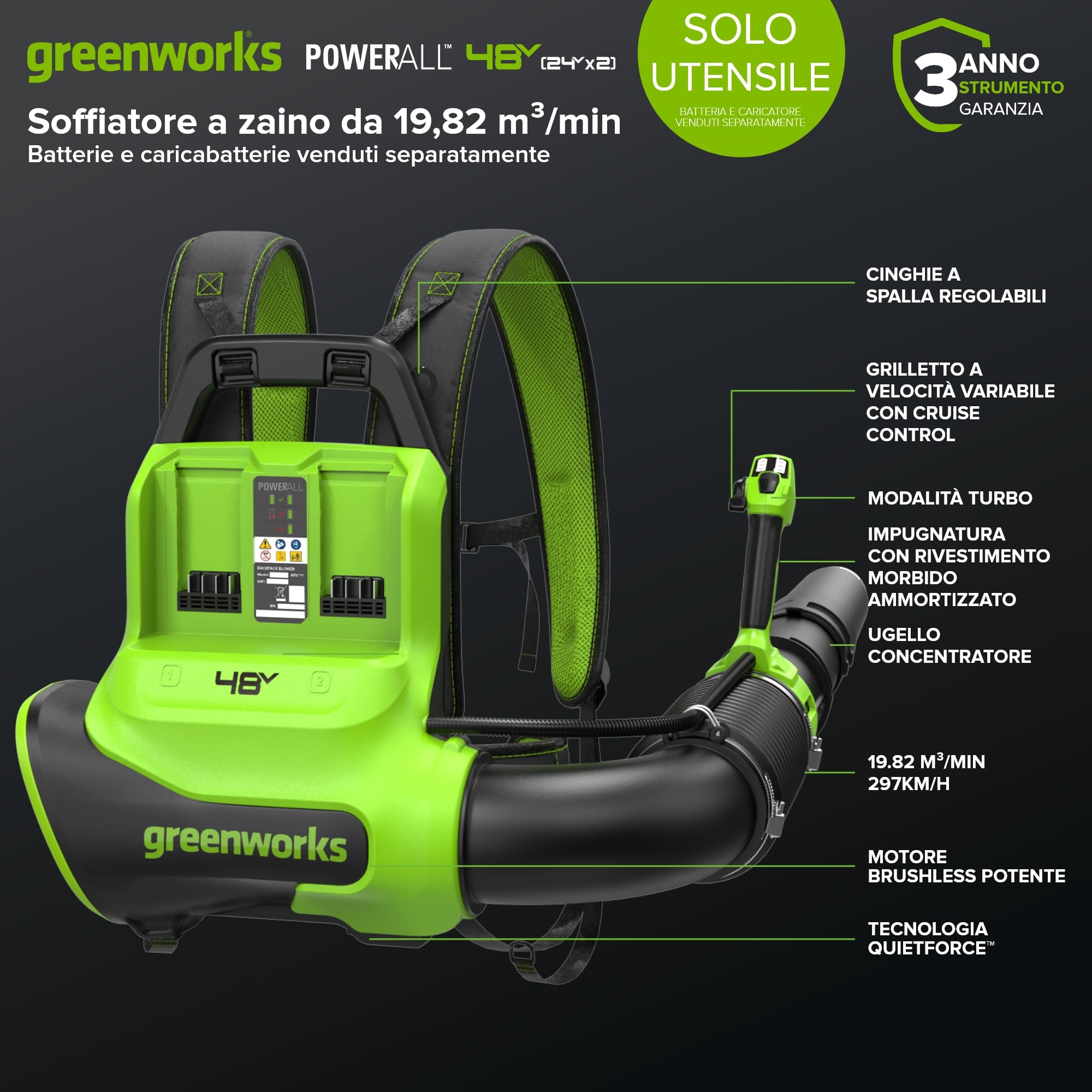 Greenworks Soffiatore a Batteria 24V Premium, Motore Brushless ad Alta Efficienza, 14,58 m³/min, 209 km/h, Tecnologia QUIETFORCE, Cruise Control – Solo Utensile BL24515A1