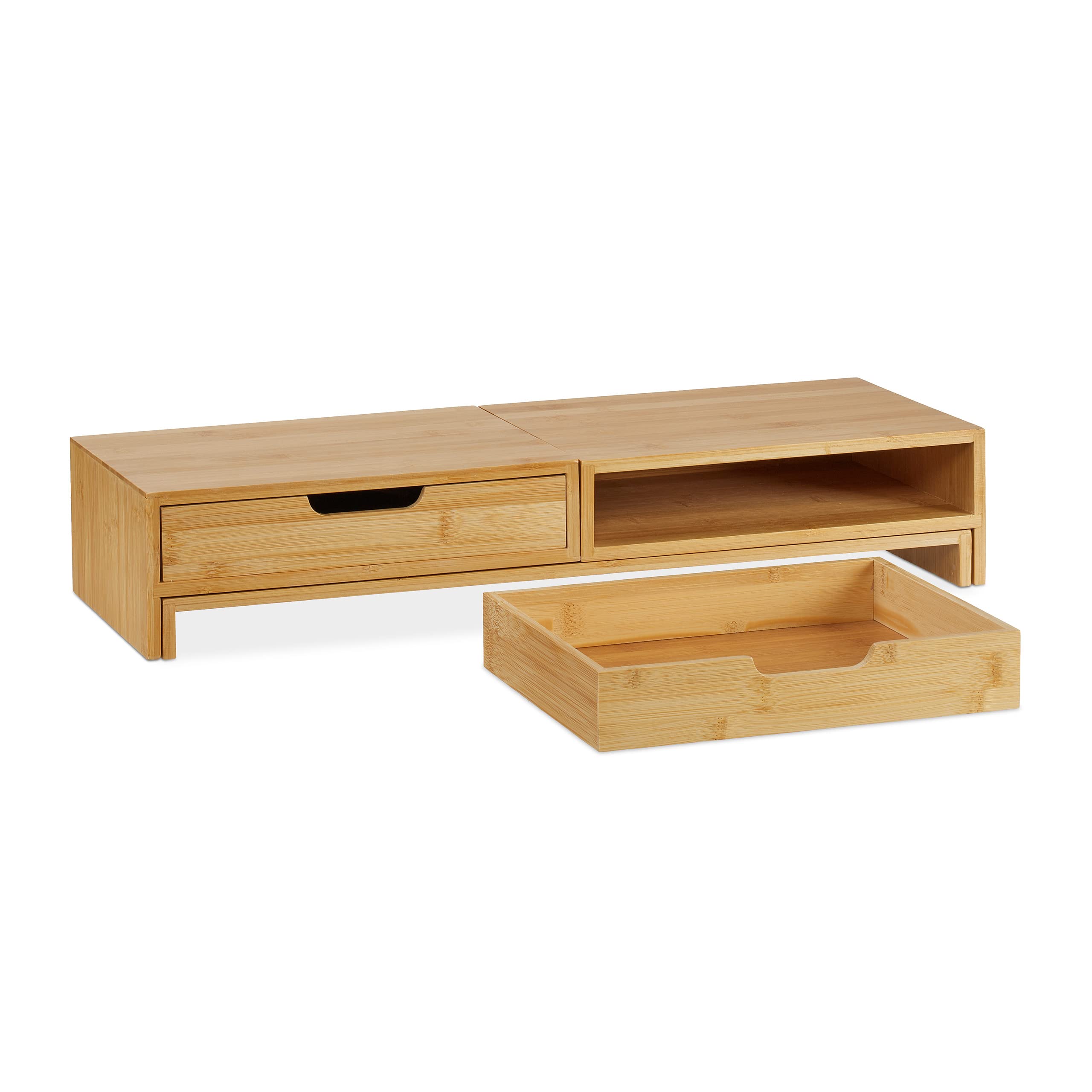 Relaxdays Supporto per Monitor, Rialzo per 2 Schermi da Scrivania, Regolabile HLP: 11 x 107 x 22 cm, Marrone Naturale