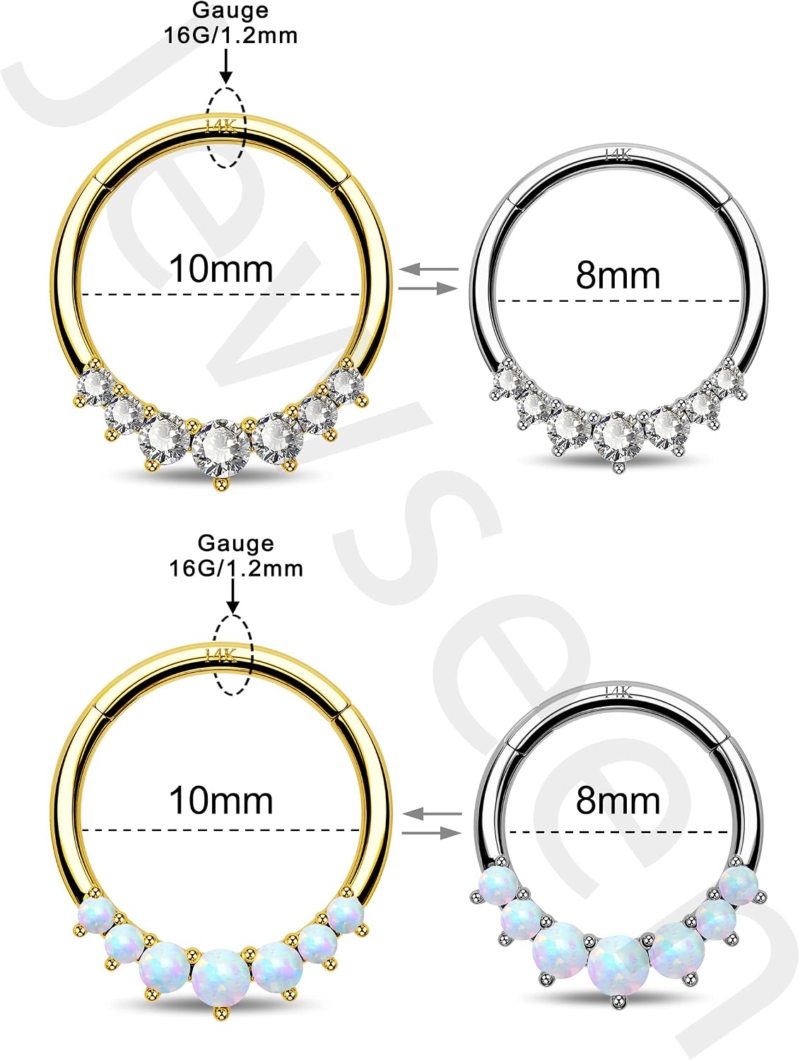 Jewseen 14K Gold Septum Ring with Lined CZ 14K Solid Gold Septum Piercing Jewelry 16G Daith Earrings for Women Opal Stainless Steel Daith Piercing Jewelry