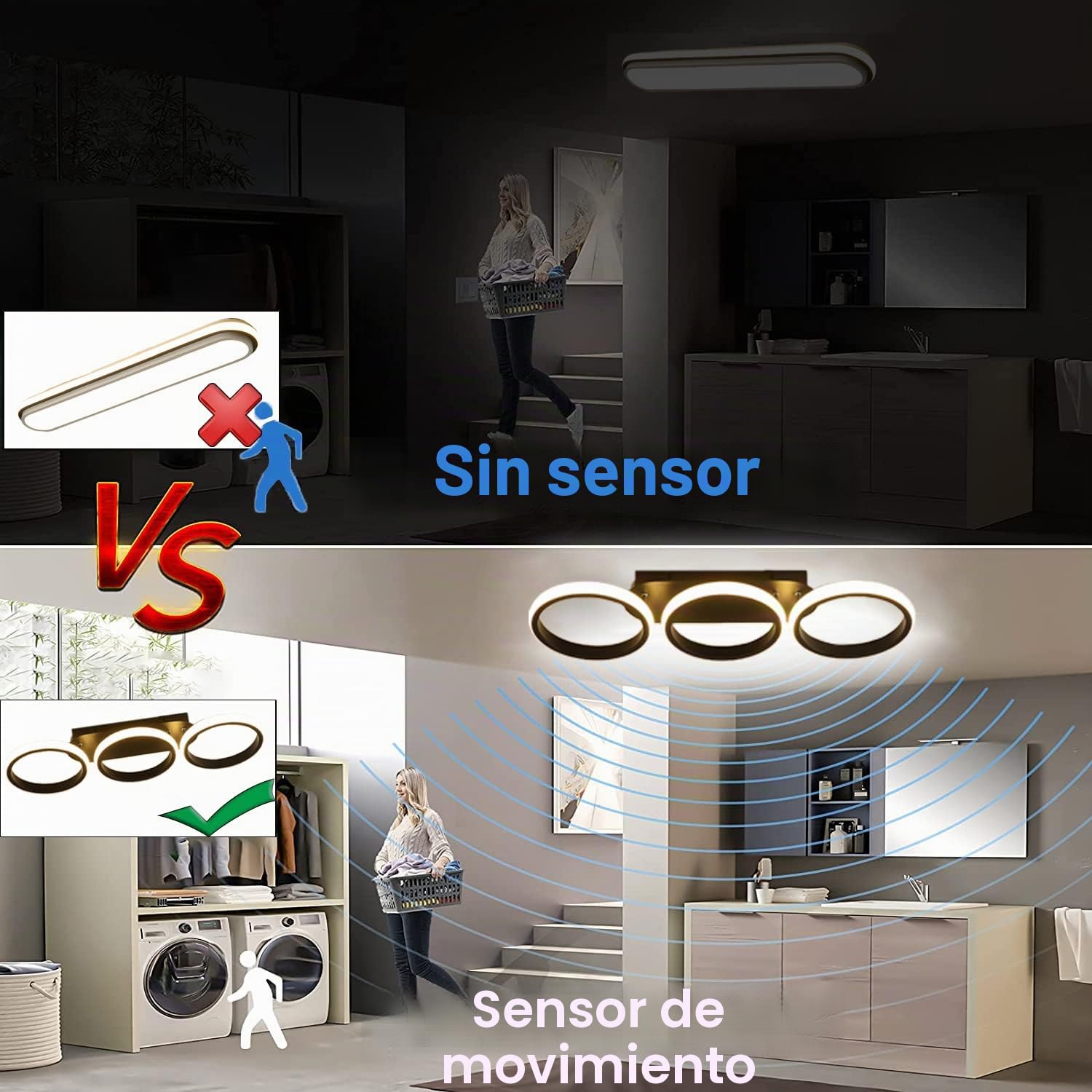 Plafón LED Pasillo con Detector de Movimiento interior 30W lámpara de techo de Moderno con Sensor de luz Iluminación de techo Para Escaleras Balcón Garaje Dormitorio Cocina Sala de Estar, negro, 3000K