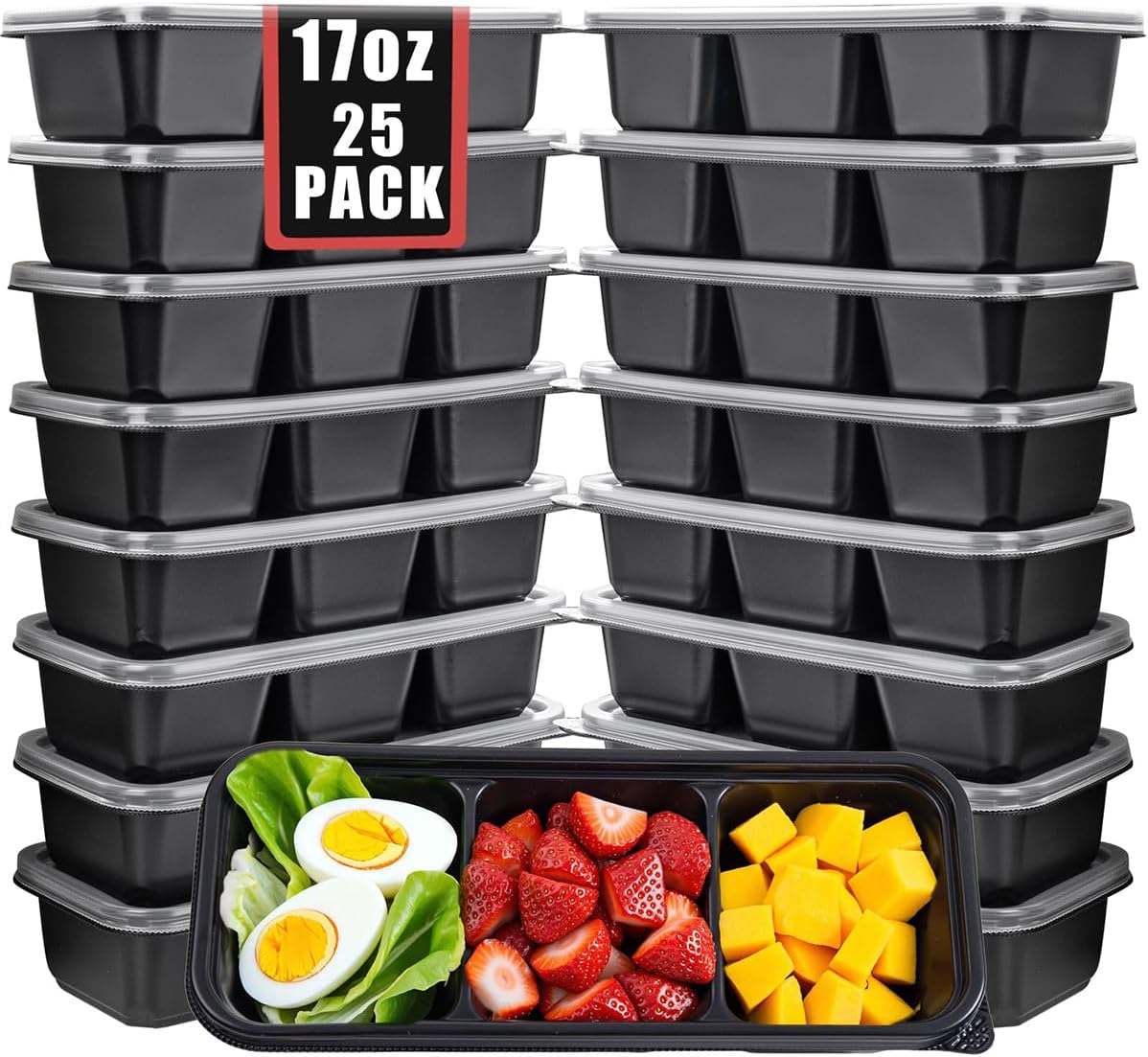 WDF 25 Pack Small Meal Prep Containers 3 Compartments with Lids - Disposable Snack Box Container - Disposable Bento Boxes - Reusable Travel Lunch Boxes for Halloween/Office/Picnic/Microwave Safe