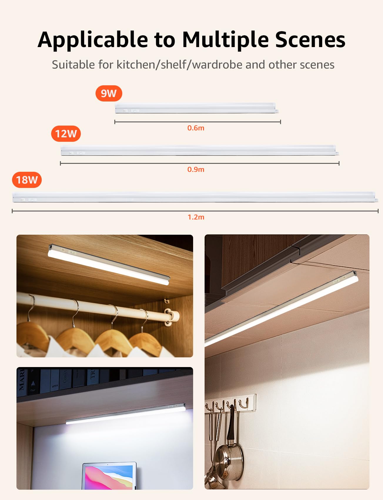 Aigostar Luz LED Cocina con Interruptor 18W Luces Armarios, 3000K/4000K/6500K, 230V Regleta LED Bajo Armarios para Cocina, Vestidor, Armario 1178 * 34 * 23mm, 2 pcs