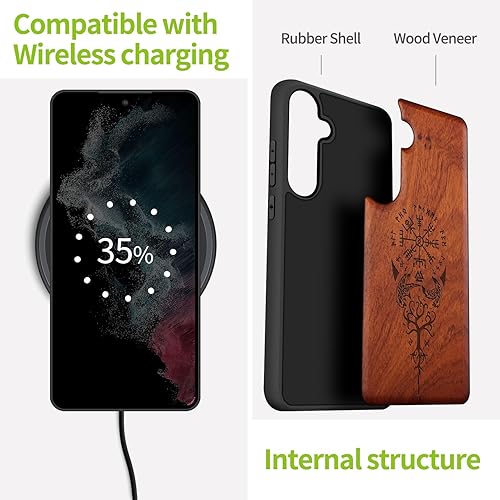 Miniatura 5 de Carveit Funda de madera para Galaxy S24 madera natural y TPU suave negro a prueba de golpes, diseño único de madera compatible con Samsung S24