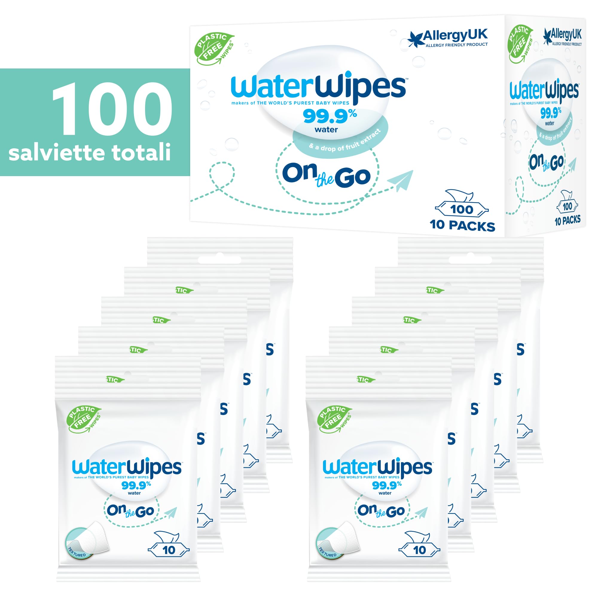 WaterWipes On The Go, 100 Salviette (10 Confezioni), Salviette Umidificate al 99.9% a base di Acqua, Ideali per Viaggi, Progettate per Viso e Corpo