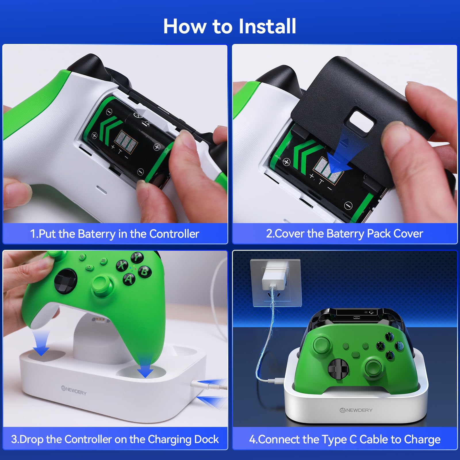 NEWDERY Estación de carga para mandos de Xbox, 2 baterías recargables de 5280 mAh para mandos de Xbox One/Series X|S, base de carga rápida con 4 tapas para baterías - Blanco