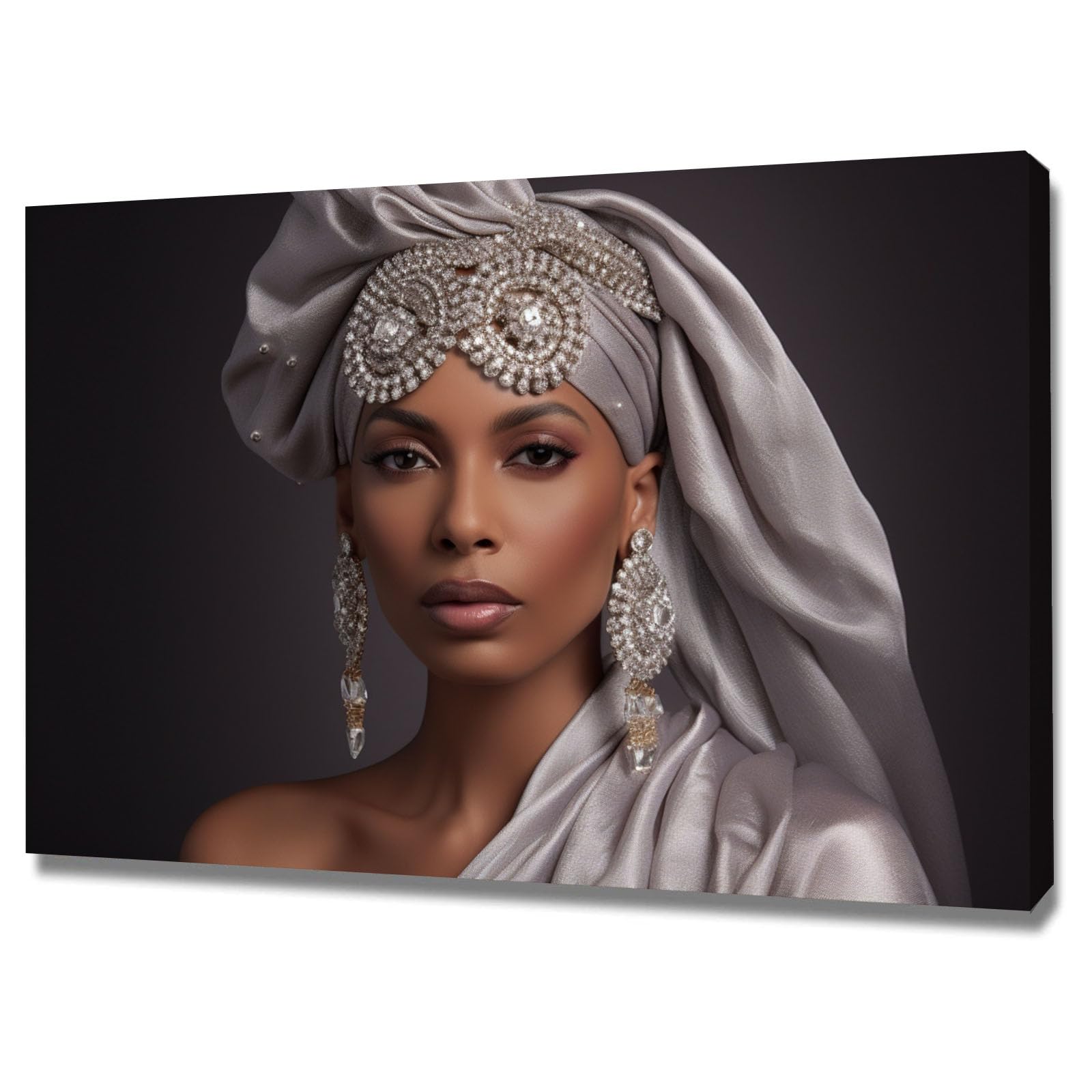 TERUEA Abstract Girl Painting Prints Woman Canvas Pictures Woman In Silver Headwrap With Jewelry Portrait Retro Painting Bathroom Wall Decor,(Silver)-70x100cm Framed