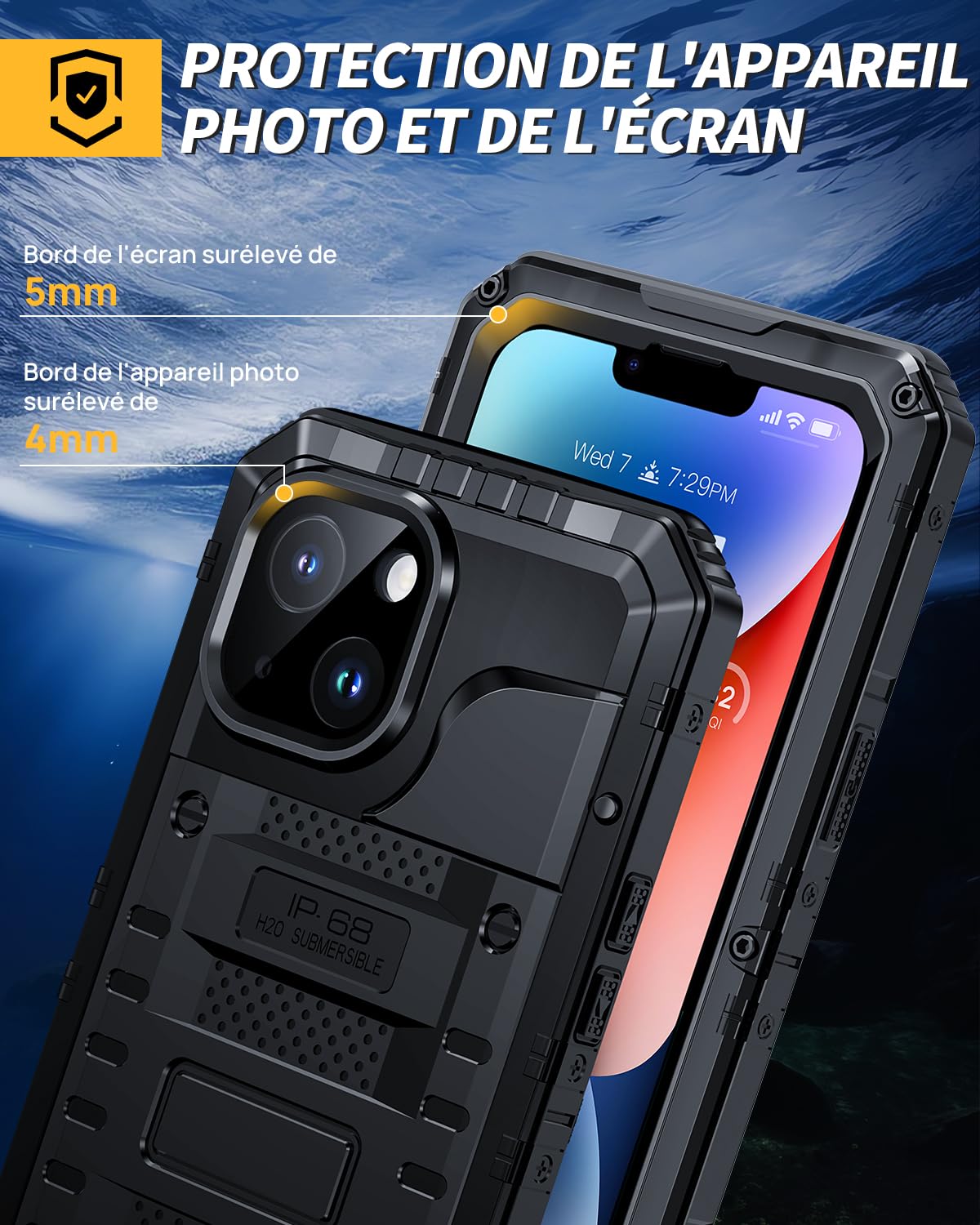 Lanhiem Coque pour iPhone 14 Étanche, IP68 Imperméable Métal Militaire Antichoc, Incassable 360 Intégrale Etui avec Protège-Écran Intégré pour iPhone 14, Noir