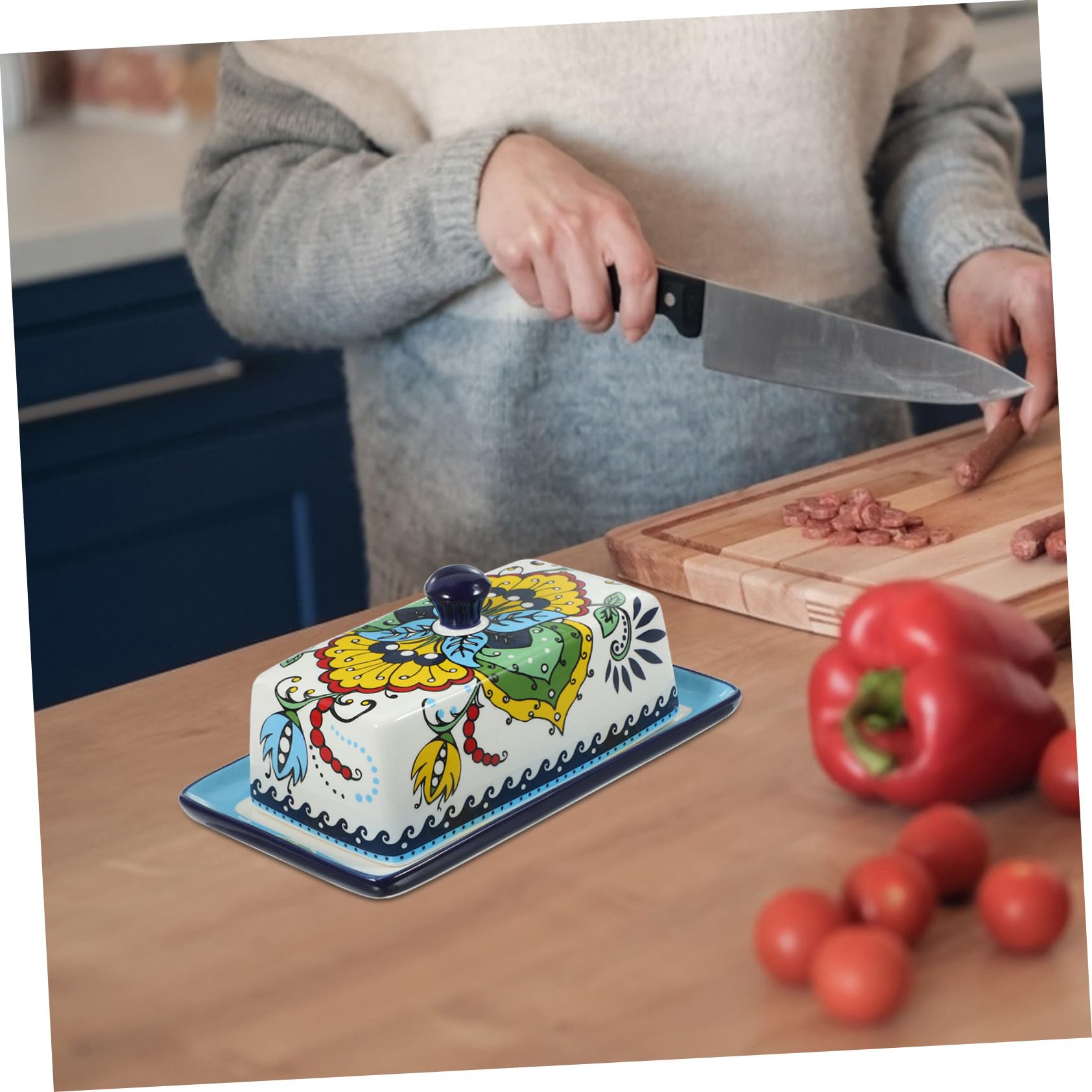 Beurrier Cuisine en Céramique Bleu, Style Européen avec Couvercle