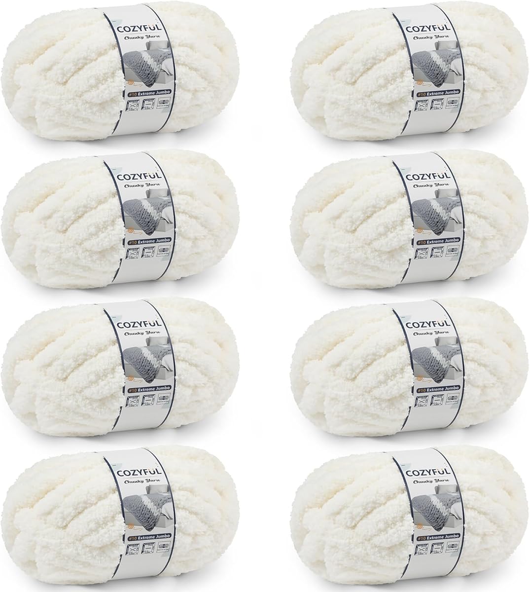 Chunky Yarn for Hand Knitting - #10 Chunky Chenille Yarn, Jumbo Big Thick Chunky Yarns for Crocheting, Super Bulky Chunky Knit Blanket Yarns, 8 Skein (25 yds 8 oz Each Skein), Cream
