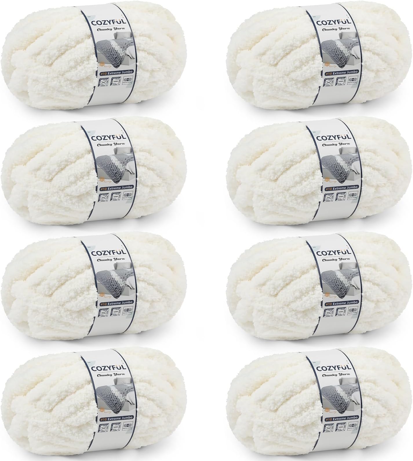 Chunky Yarn for Hand Knitting - Cozyful #10 Chunky Chenille Yarn, Jumbo Big Thick Chunky Yarn for Crocheting, Super Bulky Chunky Knit Blanket Yarn, 8 Skein (25 yds 8 oz Each Skein), Cream