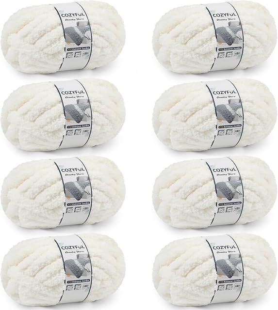 Cozyful Chunky Yarn for Hand Knitting - #10 Chunky Chenille Yarn, Jumbo Big Thick Chunky Yarns for Crocheting, Super Bulky Chunky Knit Blanket Yarns, 8 Skein (22 yds 8 oz Each Skein), Cream