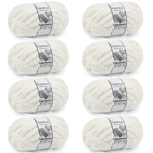Cozyful Chunky Yarn for Hand Knitting - #10 Chunky Chenille Yarn, Jumbo Big Thick Chunky Yarns for Crocheting, Super Bulky Chunky Knit Blanket Yarns, 8 Skein (25 yds 8 oz Each Skein), Cream
