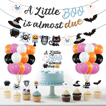 Halloween Baby Shower Decorations for Boy - A Little Boo is Almost Due Banner Cake Topper, Cute Ghost Bat Pumpkin Baby Clothes - Little Boo Baby Shower Party Supplies Blue