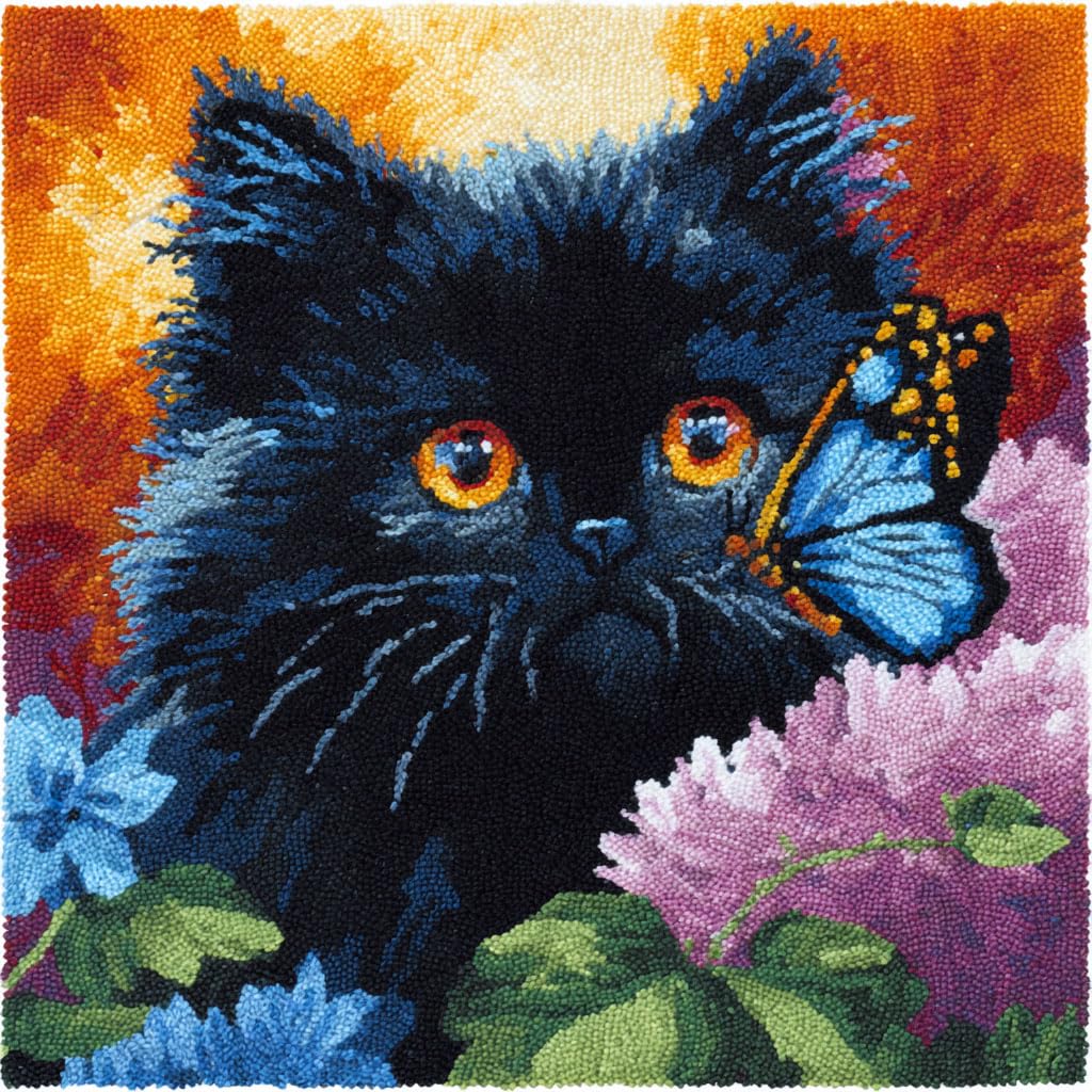 Henypt DIY Latch Hook Cushion Kits Cats, Flowers, and Butterflies Latch Hook Embroidery Set Crochet Needlework Crafts 43x43cm