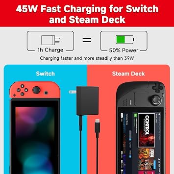 Charger for Nintendo Switch, 45W AC Adapter Fast Charging with 5ft Detachable USB C Cable, Compatible with Switch/OLED/Lite, Steam Deck, Support TV Mode, Original Quality