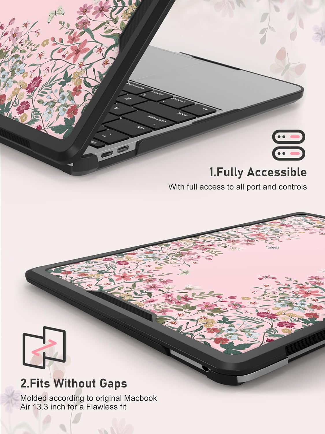 iLeadon Compatible with MacBook Air 13 Case, 2020-2018 Release A2337 A2179 A1932, Anti-Cracking Heavy Duty Protective Hard Shell MacBook Air M1 13 inch Case Pink with TPU Bumper (Floral)