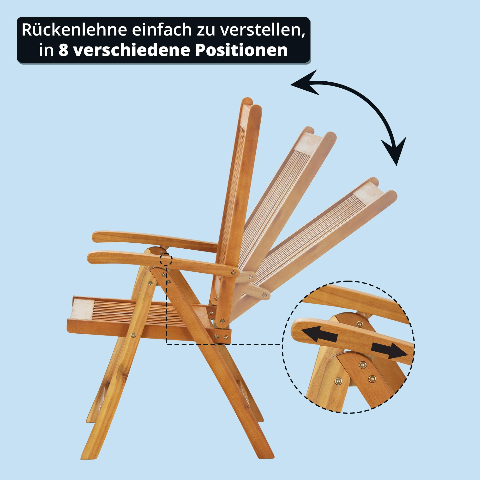 KHG Gartenstuhl mit Armlehnen 100% Akazien-Echtholz, vielseitig einsetzbar | klappbar, wetterfest, verstellbare Rückenlehne, Hochlehner, Klappstuhl, 110 kg belastbar, braun, praktisch im Alltag