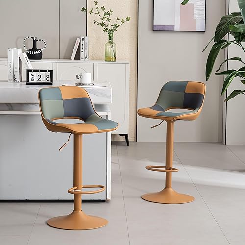 Miniatura 7 de YOUNIKE Juego de 2 taburetes de bar bohemios coloridos de retazos, taburete de bar giratorio ajustable de altura de mostrador, taburete de bar