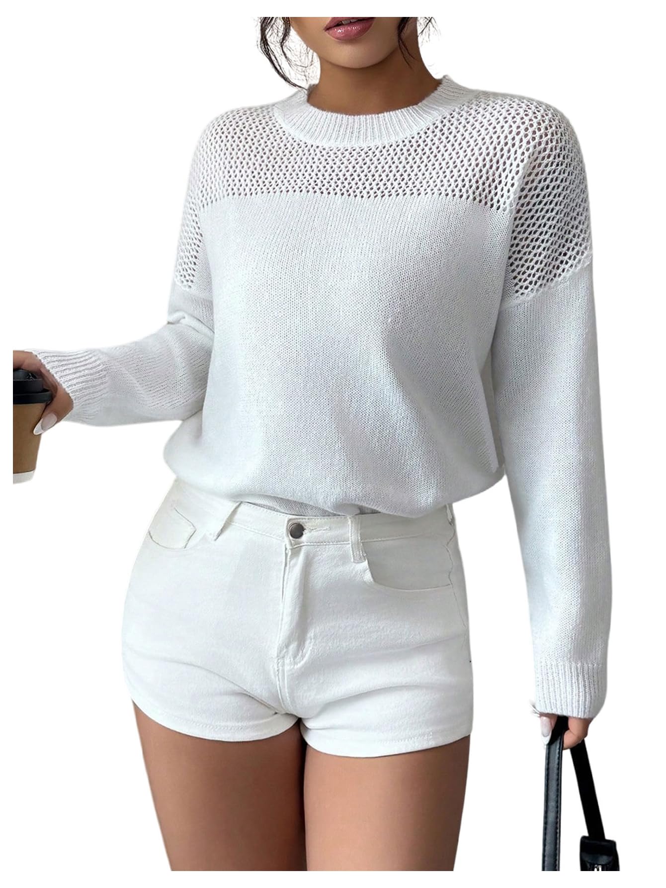 Womens Hollow Out Knit Sweaters Crew Neck Long Sleeve Pullover Jumpers