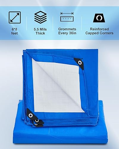Miniatura 2 de 6 piezas de lona impermeable grande de 6 x 8 pies, lona de polietileno de 5.5 mil de grosor con ojales, cubierta protectora multiusos para el