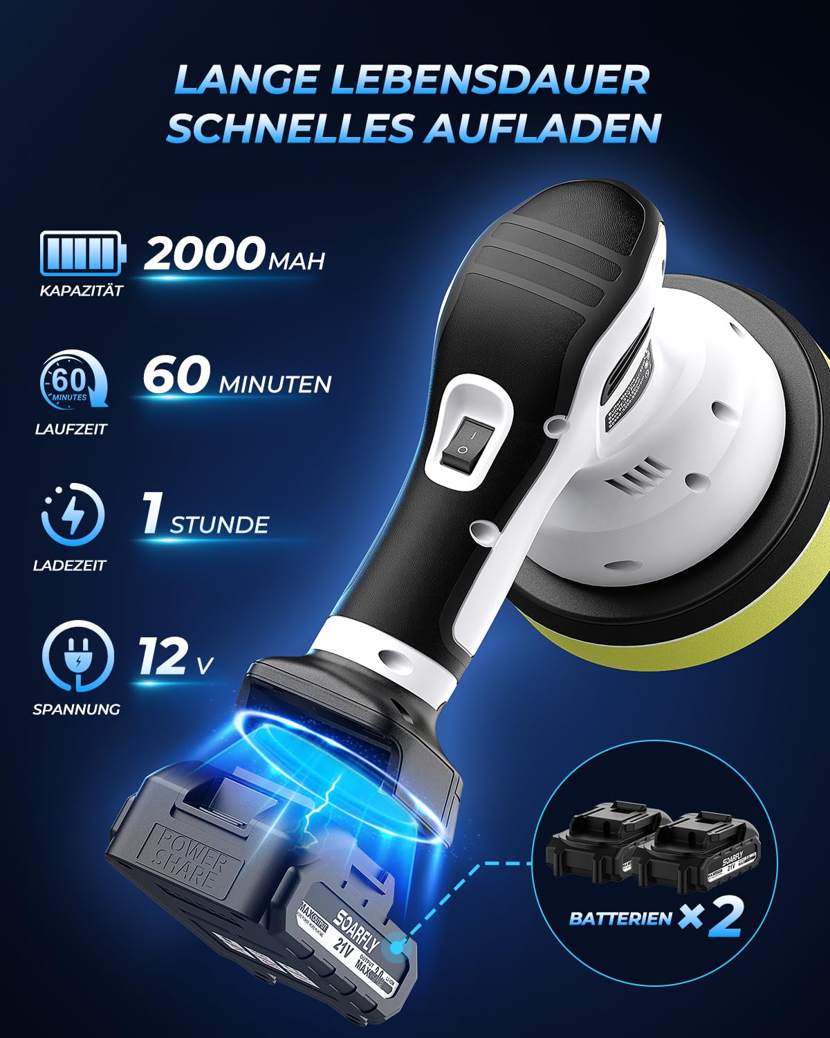 SOARFLY Poliermaschine Auto Akku, Exzenter Poliermaschine Akku mit 2x2.0Ah 21V Batterie, 6 variable Geschwindigkeiten, 3200–6600 U/min, für die Autodetailing, Scheinwerfer Aufbereitung