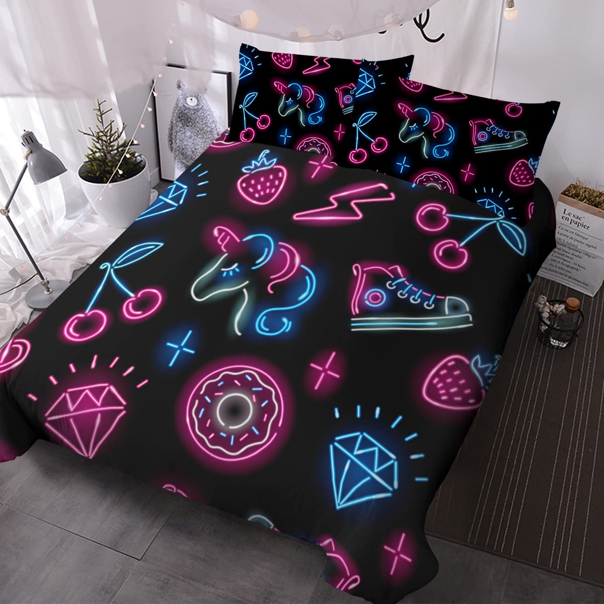 BlessLiving Neon Unicorn Queen Bedding Sets Kids Girls Boys Unicorn Bed Set Pink Blue Cute Print Bedspreads 3 Piece Black Unicorn Duvet Cover Sets (Queen)