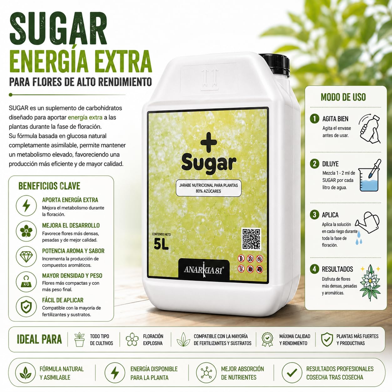 SUGAR 20 L – Carbohidratos para Plantas Potenciador de Floración Energía Extra Azúcares Asimilables Mejora Aroma Sabor y Densidad Fertilizante Líquido - Anarkia81