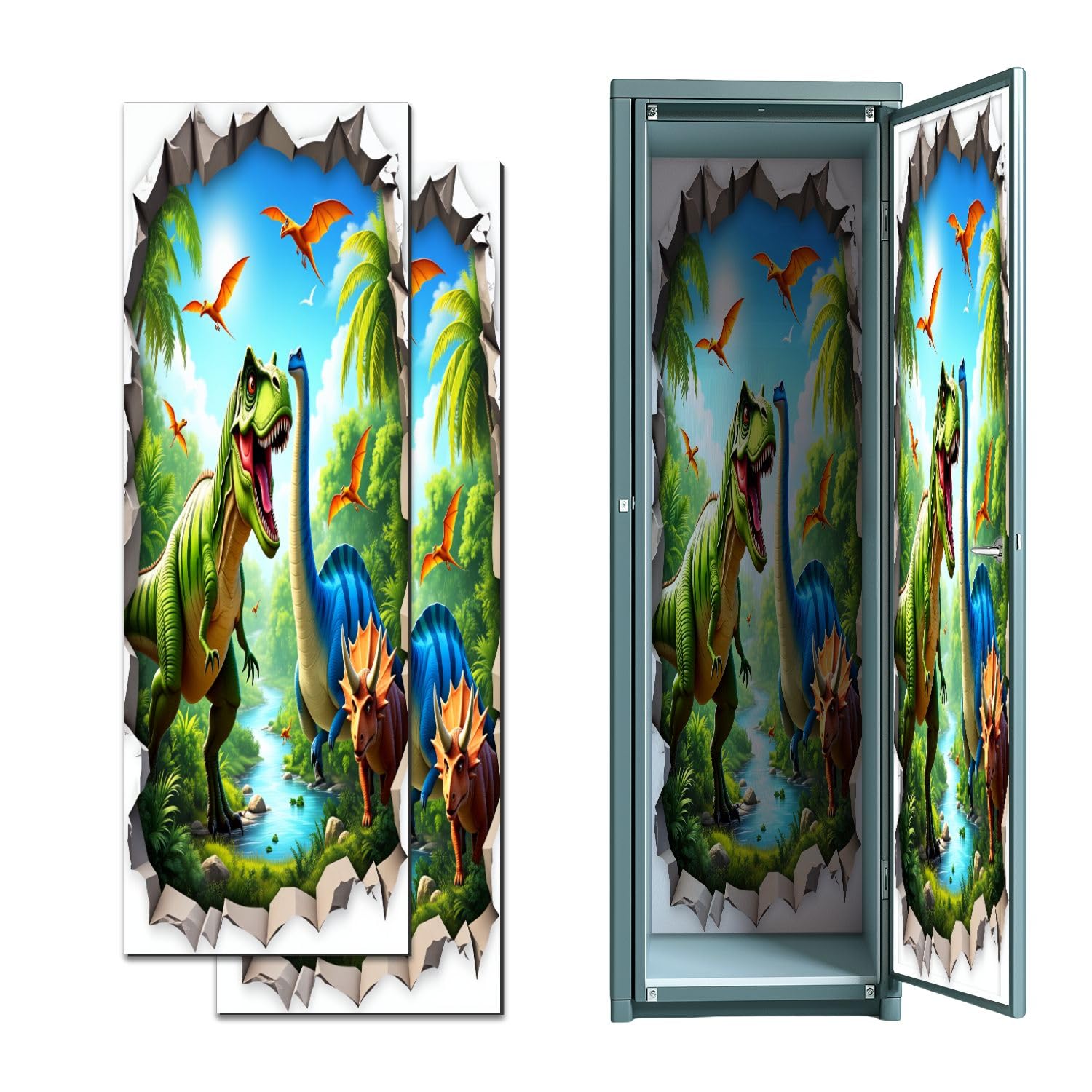 2 Pcs Locker Magnetic Wallpaper Dinosaur Jungle Adventure T Rex Triceratops Brachiosaurus 12" x 36" Wall Magnetic Sticker Removable Locker Accessories Decor Easy Install for Office School