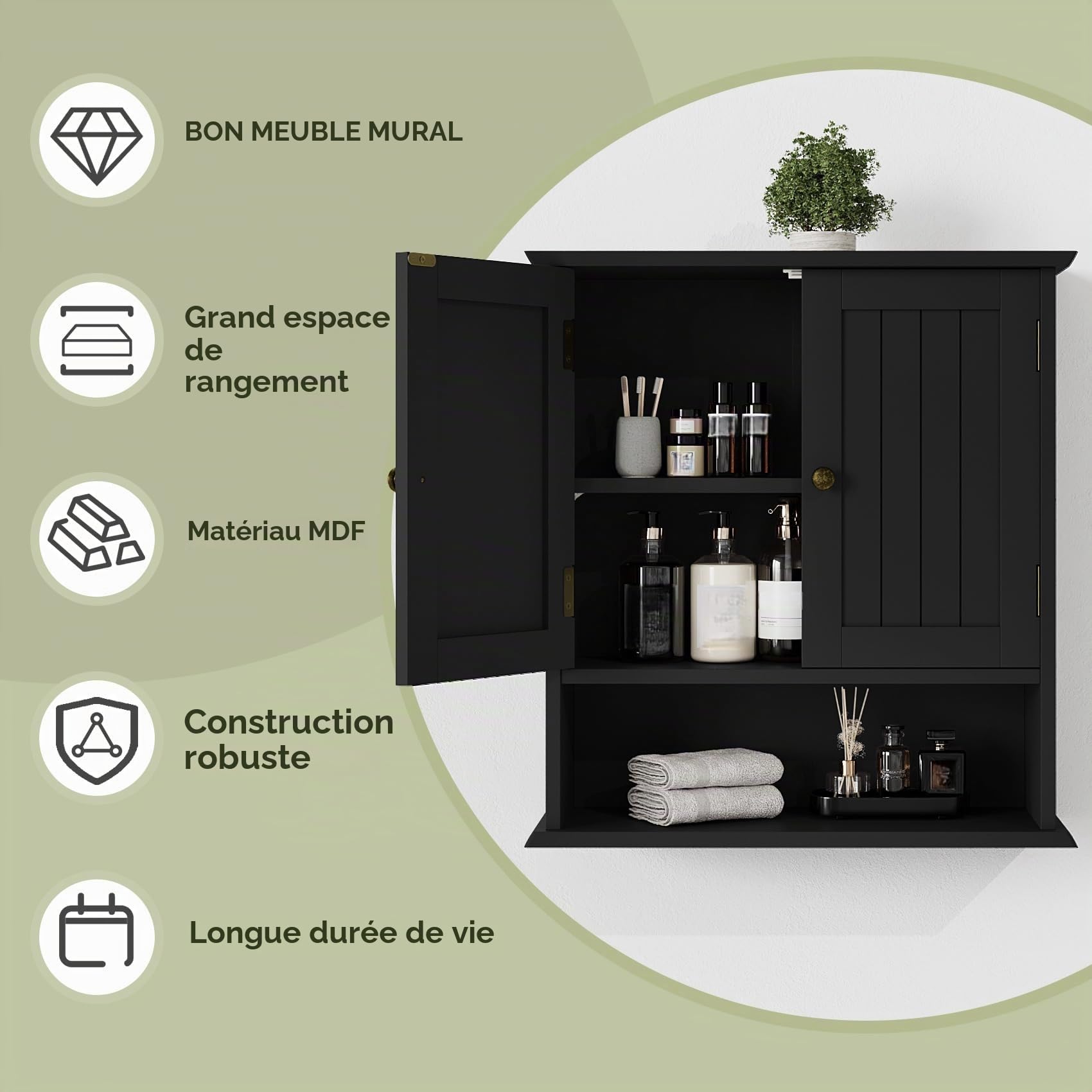 Smuxee Armoire de Toilette Murale Noire pour Petit Espace - Meuble Salle de Bain Suspendu avec 2 Portes et Étagères Réglables - Range-Toilette Étanche pour WC, Buanderie et Cuisine