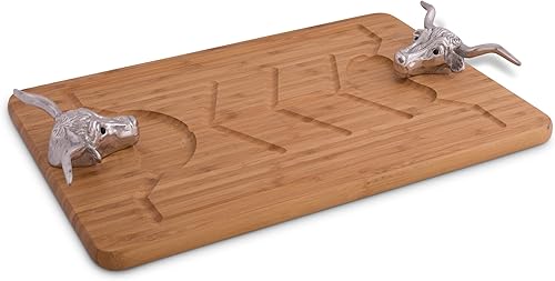 Miniatura 3 de Arthur Court Designs - Bandeja grande de aluminio con mango de cuerno largo, para tallar madera de bambú, bandeja grande para servir carnes o