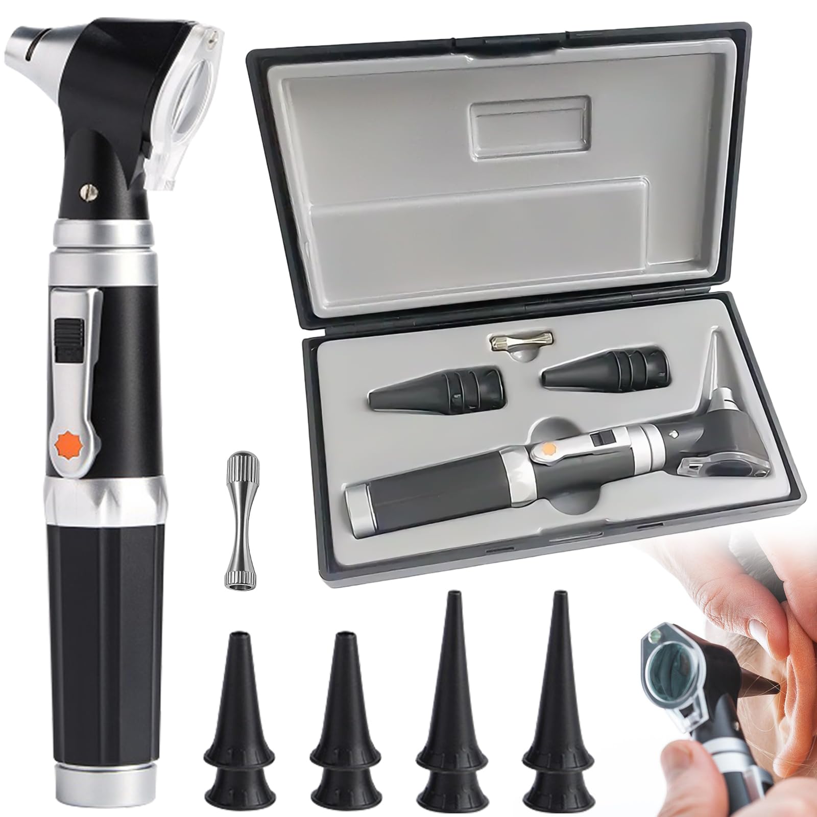 Otoscope auriculaire avec lumière LED, grossissement x3, outil de diagnostic, étui rigide, noir
