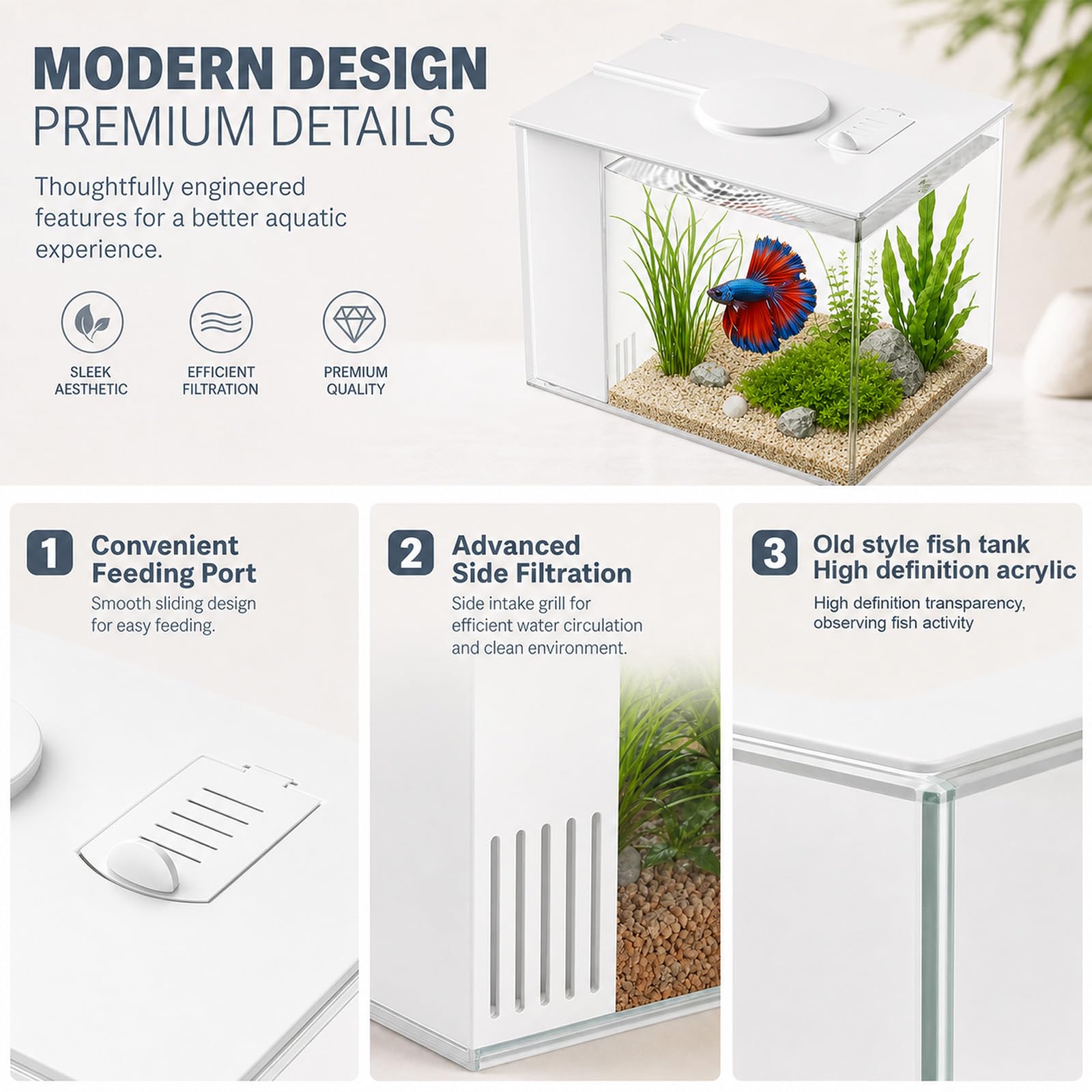 Kit complet d'aquarium de 3,7 l, petit aquarium de table, nano aquarium autonettoyant avec lumières LED et système de filtration, idéal pour les petits poissons, crevettes et plantes (blanc)