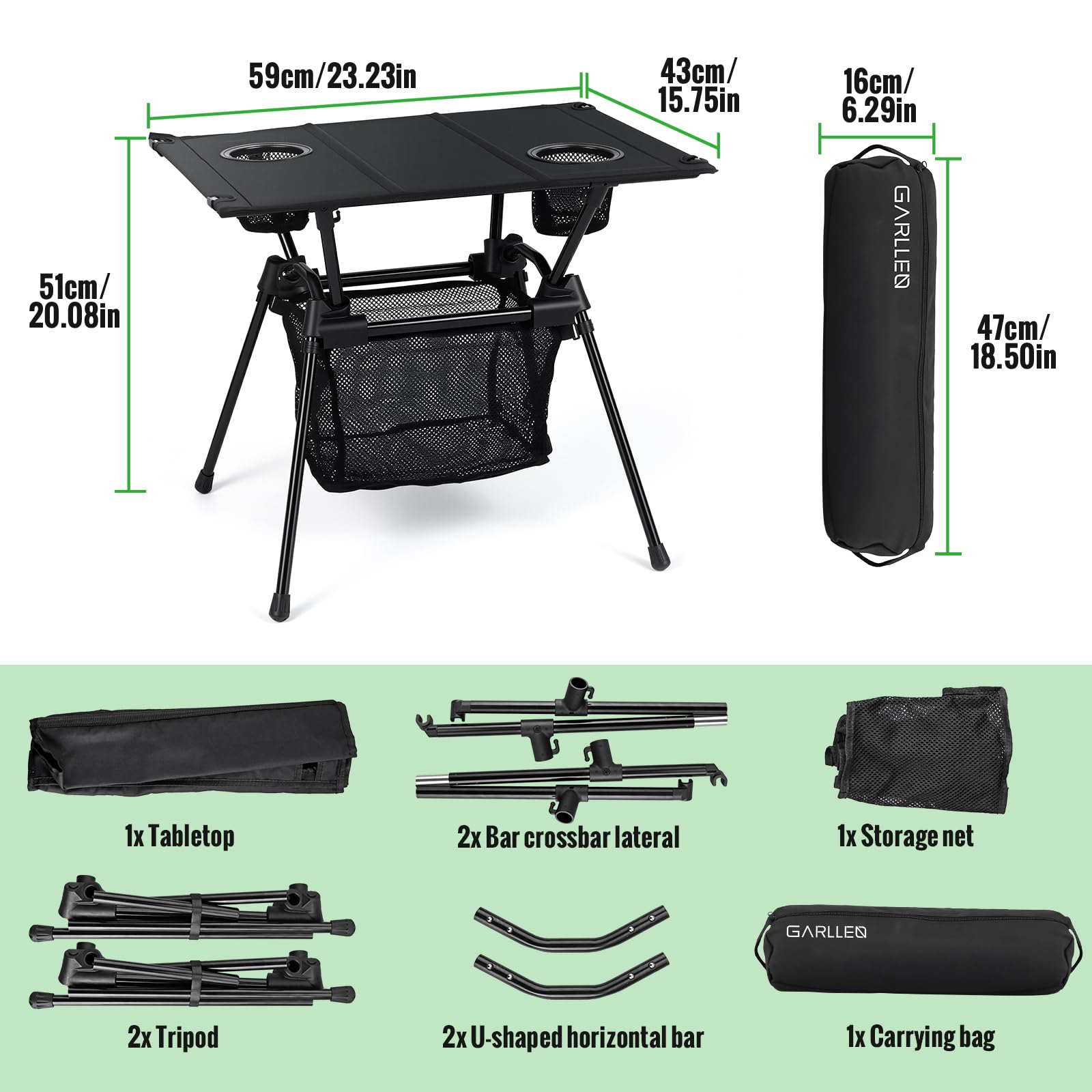 GARLLEN Mesa de camping plegable, mesa de playa compacta ultraligera con mesa de tela, mesa de viaje portátil de aluminio con portavasos y red de almacenamiento para arena, camping, al aire libre