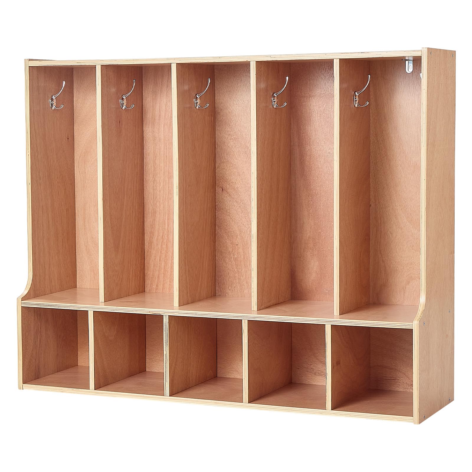 VEVOR Vestiaire 5 Enfants Ouvert, Penderie pour Enfants en Bois, Rangement pour Crèche Maternelle Garderie Maison, Meuble d'accueil Scolaire avec Casiers à Manteaux et à Chaussures, 10 Crochets