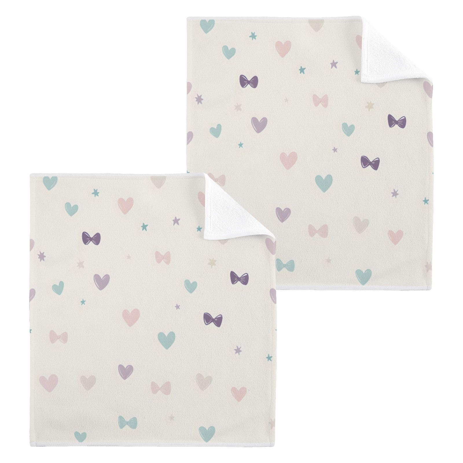 ALAZA Wash Cloth Set 100% Cotton Fingertip Towels Face Cloths Sets Bow Love Heart Highly Absorbent Soft Feel Set of 2