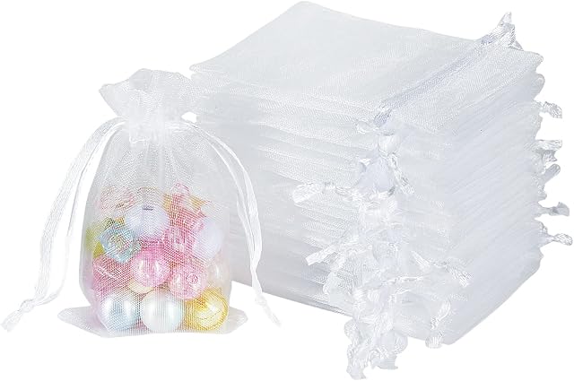 100PCS White Mini Organza Bags Small, 5X8cm Small Net Bags Drawstring Little Mesh Bags for Gifts Wedding Jewelry Christmas