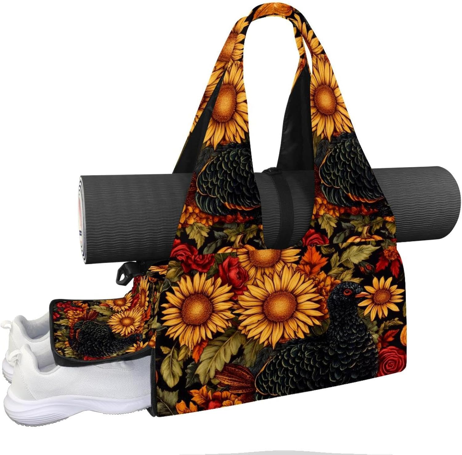 Gym Bag for Women, Owls Flowers Yoga Mat Bag with Shoe Compartment, Sport Yoga Gym Bag with Yoga Strap, Carryall Yoga Tote Bag