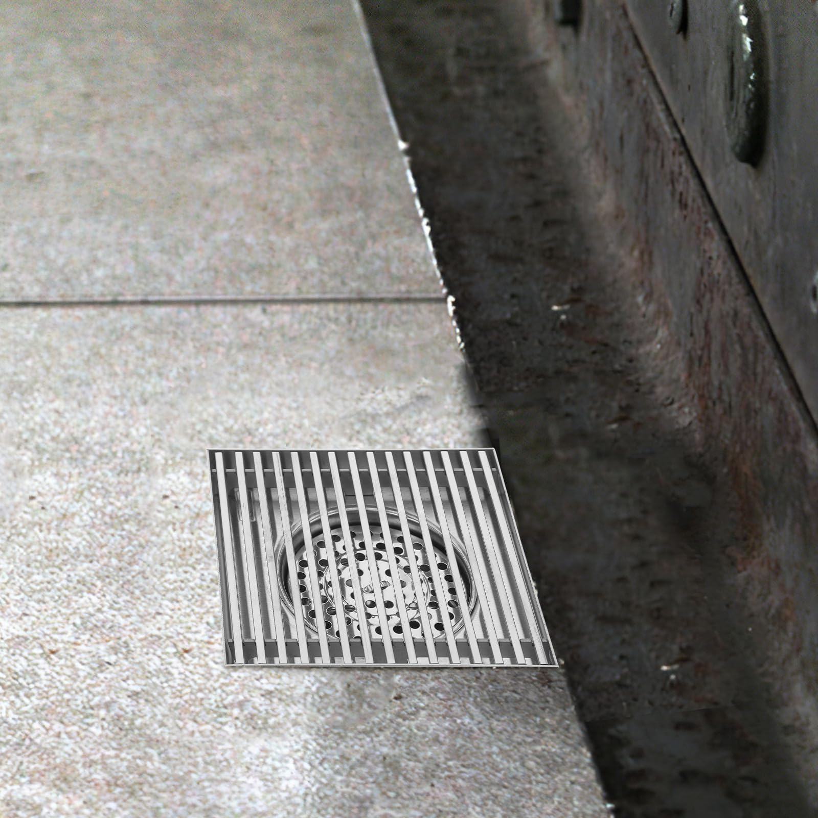 Rejilla Cuadrada de Drenaje en Acero Inoxidable 304 para Patio | Gran Diámetro, Acabado Plata, Diseño Antiobstrucción, Uso Exterior en Jardines y Patios