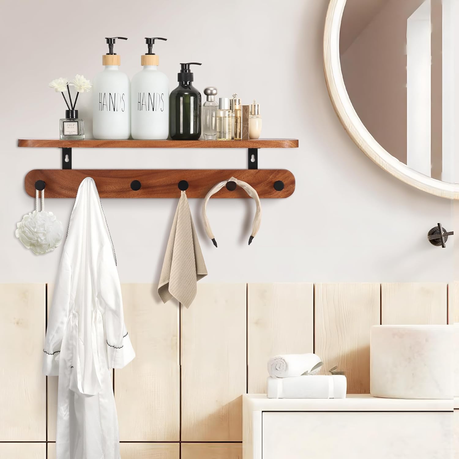 Coat Rack Wall Mount with Shelf, 22" Walnut Wood Wall Shelf with Hooks, Entryway Floating Coat Rack with 6 Metal Hangers for Coats, Backpacks, Living Room, Bedroom, Bathroom (Brown-22'' L)