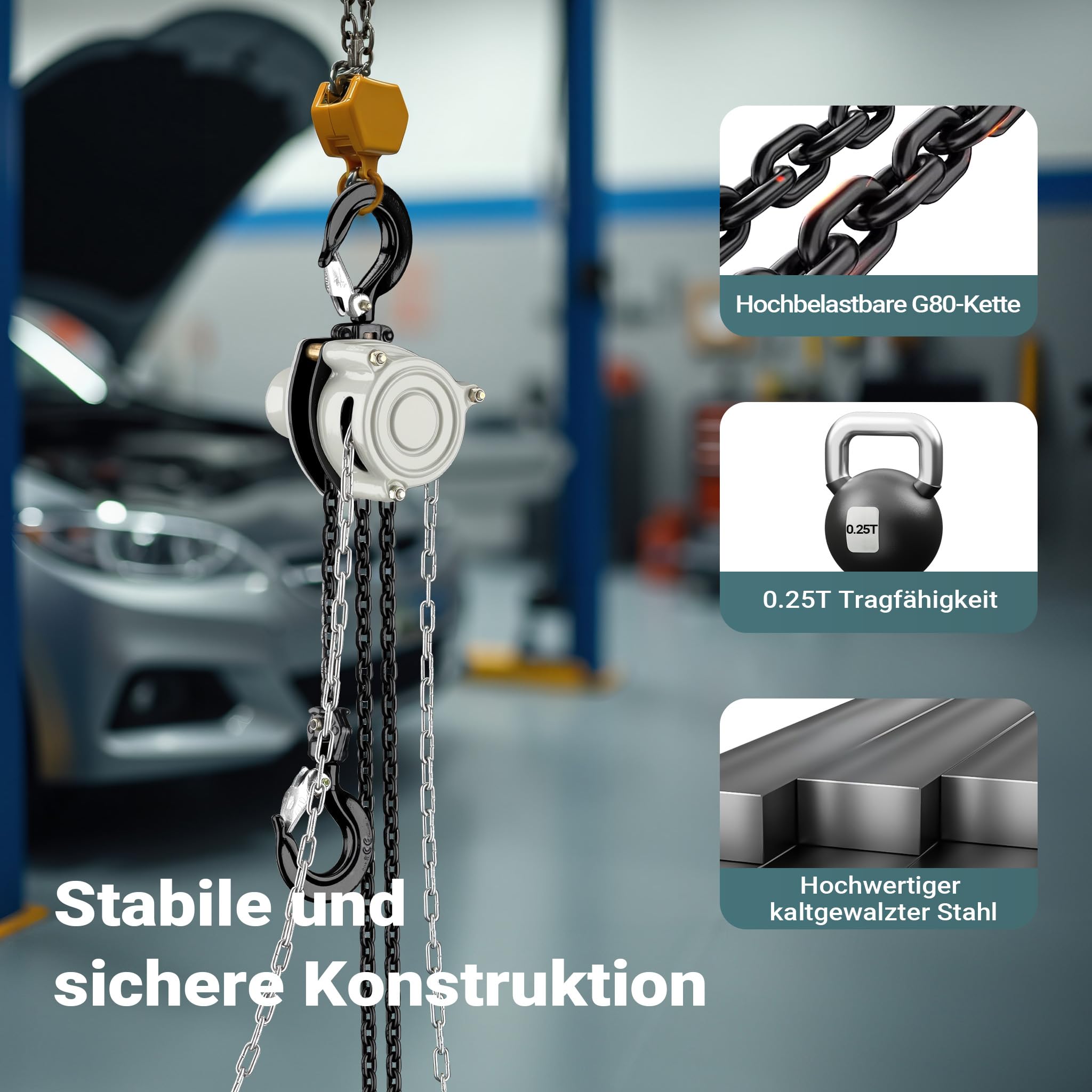 Wiltec Kettenzug bis 250 kg, robuster Handkettenzug 3 m Hubhöhe, Tragmittel mit 3 m Lastkette, Hebezeug manuell, hochbelastbares Hebemittel