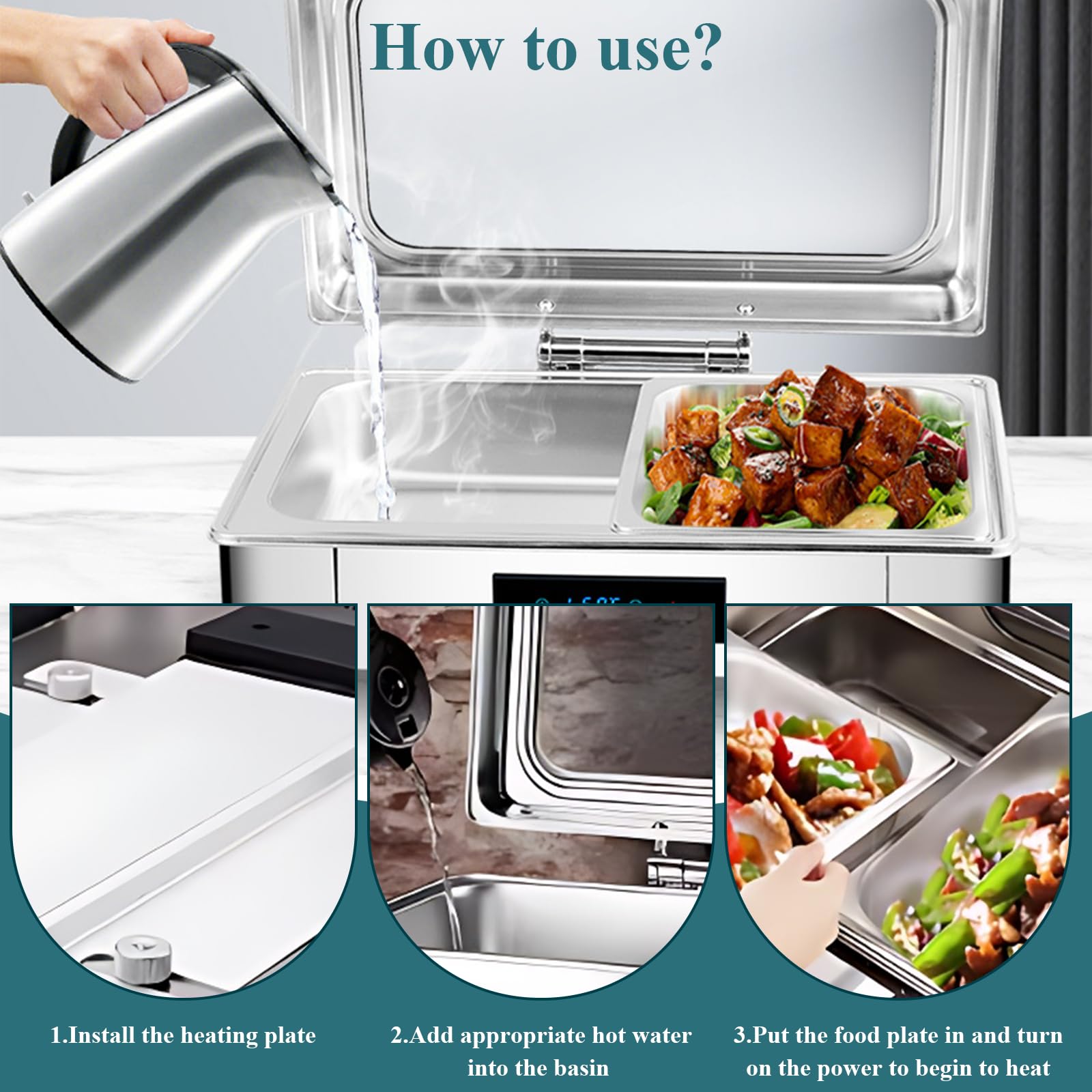 Chafing Dish Elettrico 9L Temperatura Regolabile 35-90℃(B,1/2 Pan) | 400W Scaldavivande Elettrico Professionale per Buffet in Acciaio Inox, Contenitore Scalda Cibo per Buffet, Ristoranti, Hotel