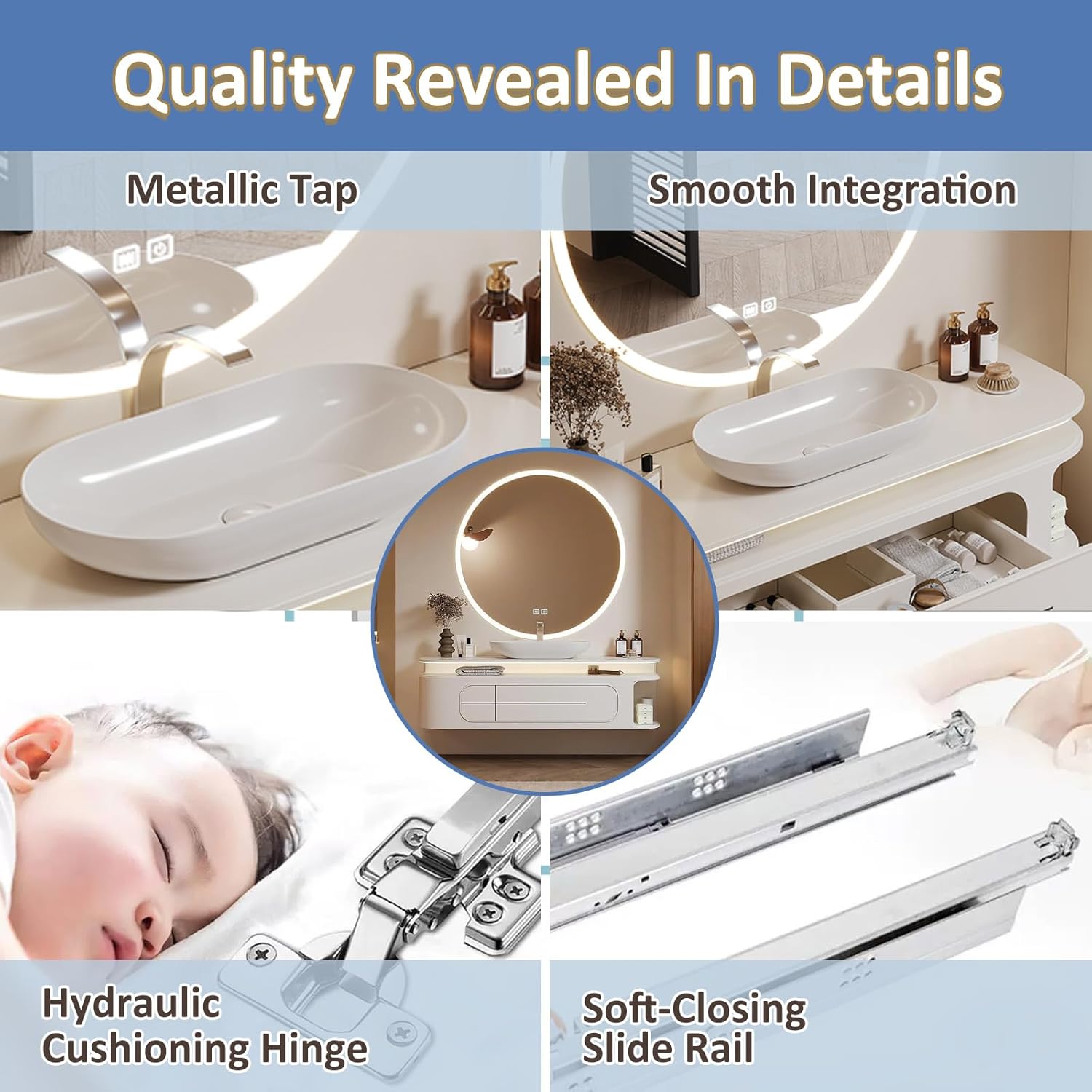 36IN Floating Bathroom Vanity - LED Light & Intelligent Defogging | Cabinet with Induction Light & Solid Wood Frame, Freestanding Bathroom Cabinet with Sink