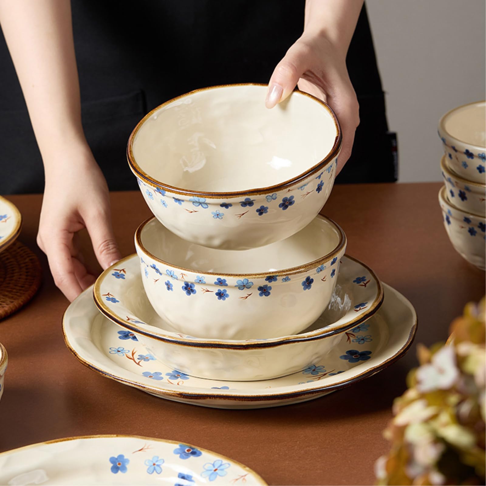 Ceramiczne kreatywne naczynia retro domowa prostota - 20 cm przycięte miseczki dwuuszne