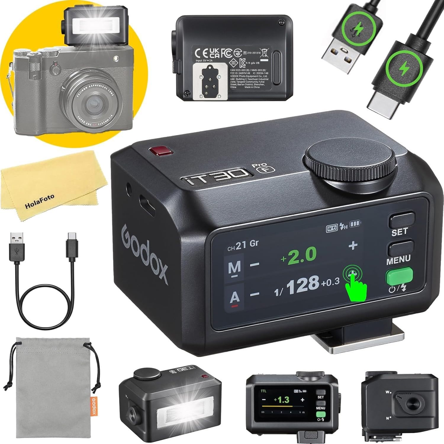 Godox iT30 Pro F Flash para Fujifilm Cámara Speedlite, 2.4G TTL1/8000 HSS, 560 Disparos a Máxima Potencia, GN15,Tiempo de Recarga de 1.5s,Batería de Iones de Litio de 7.4 V/900 mAh,con Zapata Estándar