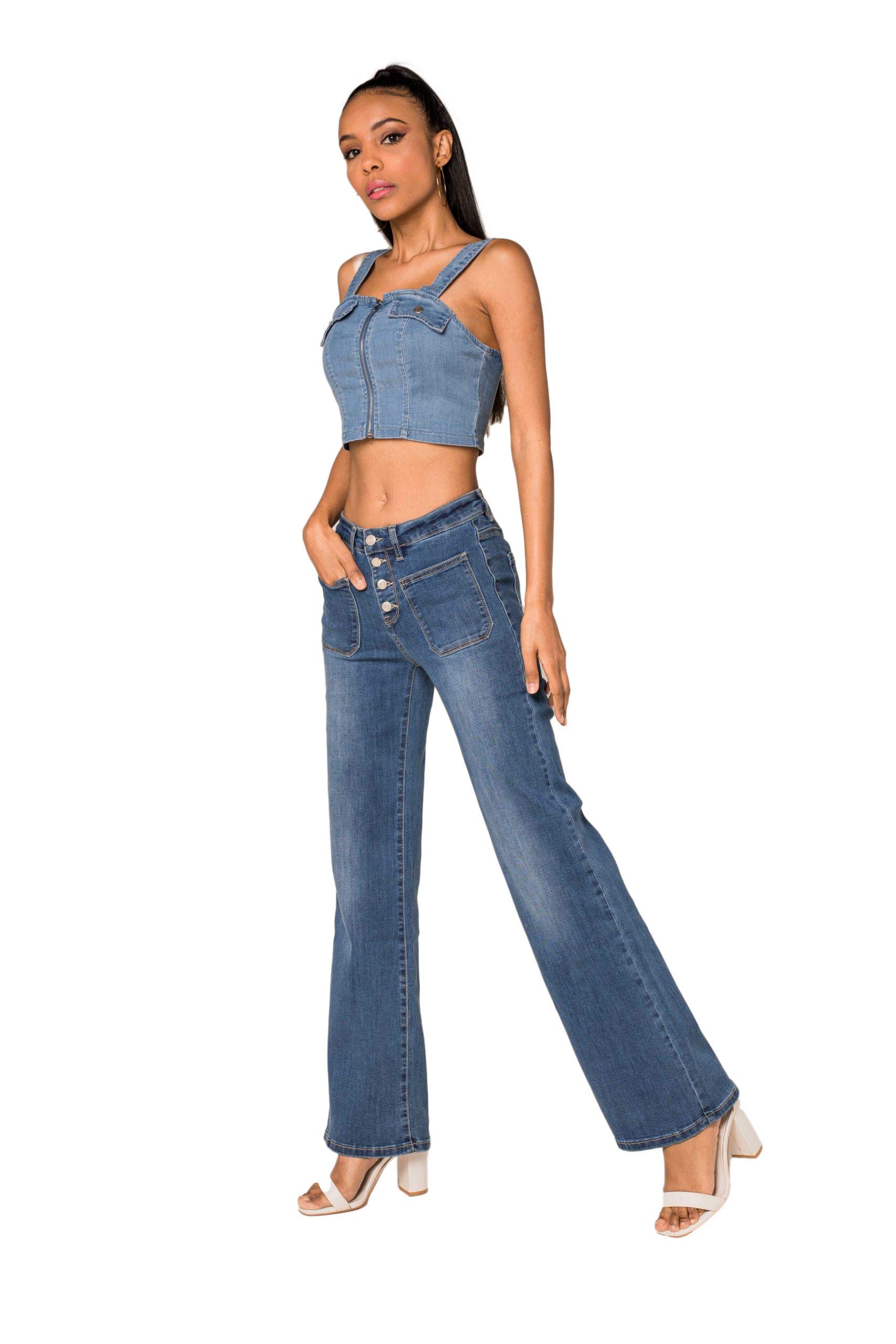 Nina Carter P139 - Jeans da donna a vita alta con taglio svasato, effetto usato
