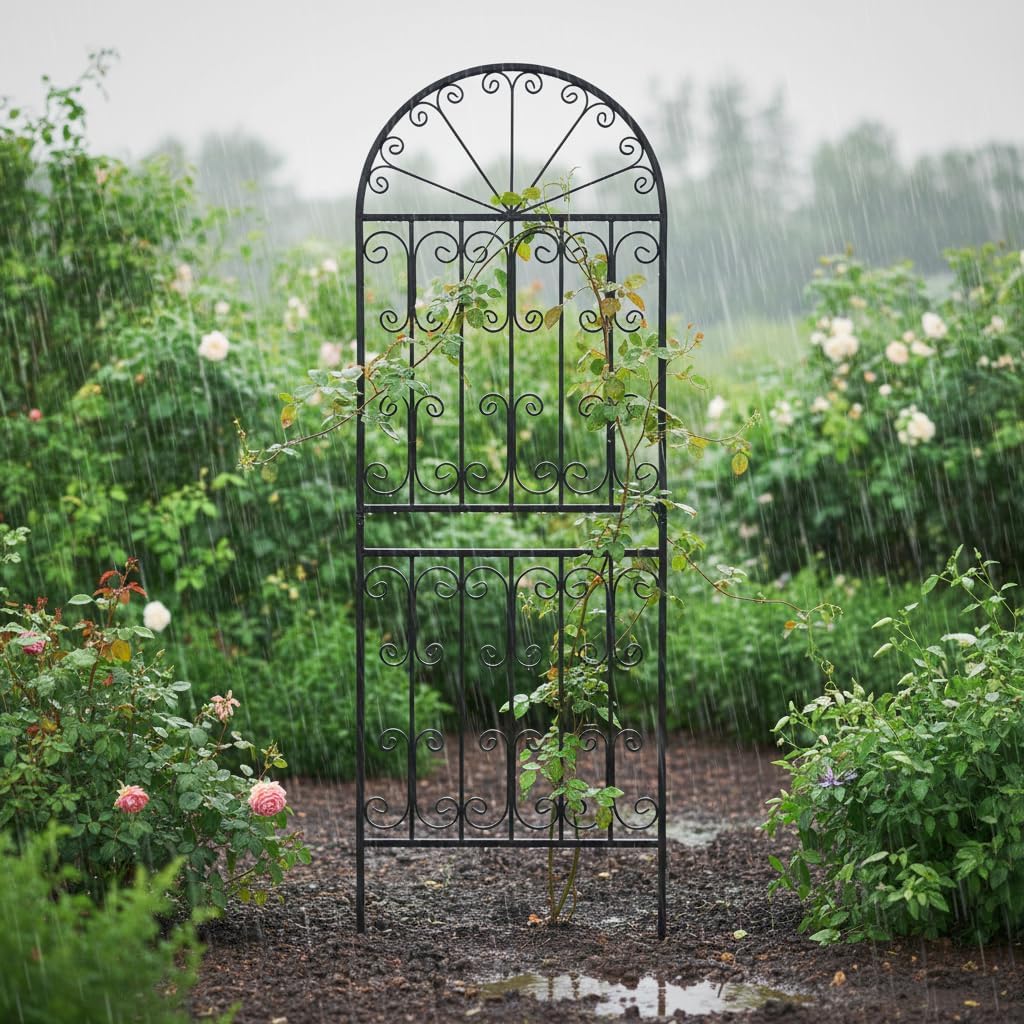 SCENDOR 1 Pack 82.7" H x 26.7" W Extra Tall Arched Metal Garden Trellis - Heavy-Duty Black Iron Scrollwork Fence for Climbing Vines, Roses, and Ivy - Decorative Privacy Screen for Patio and Backyard