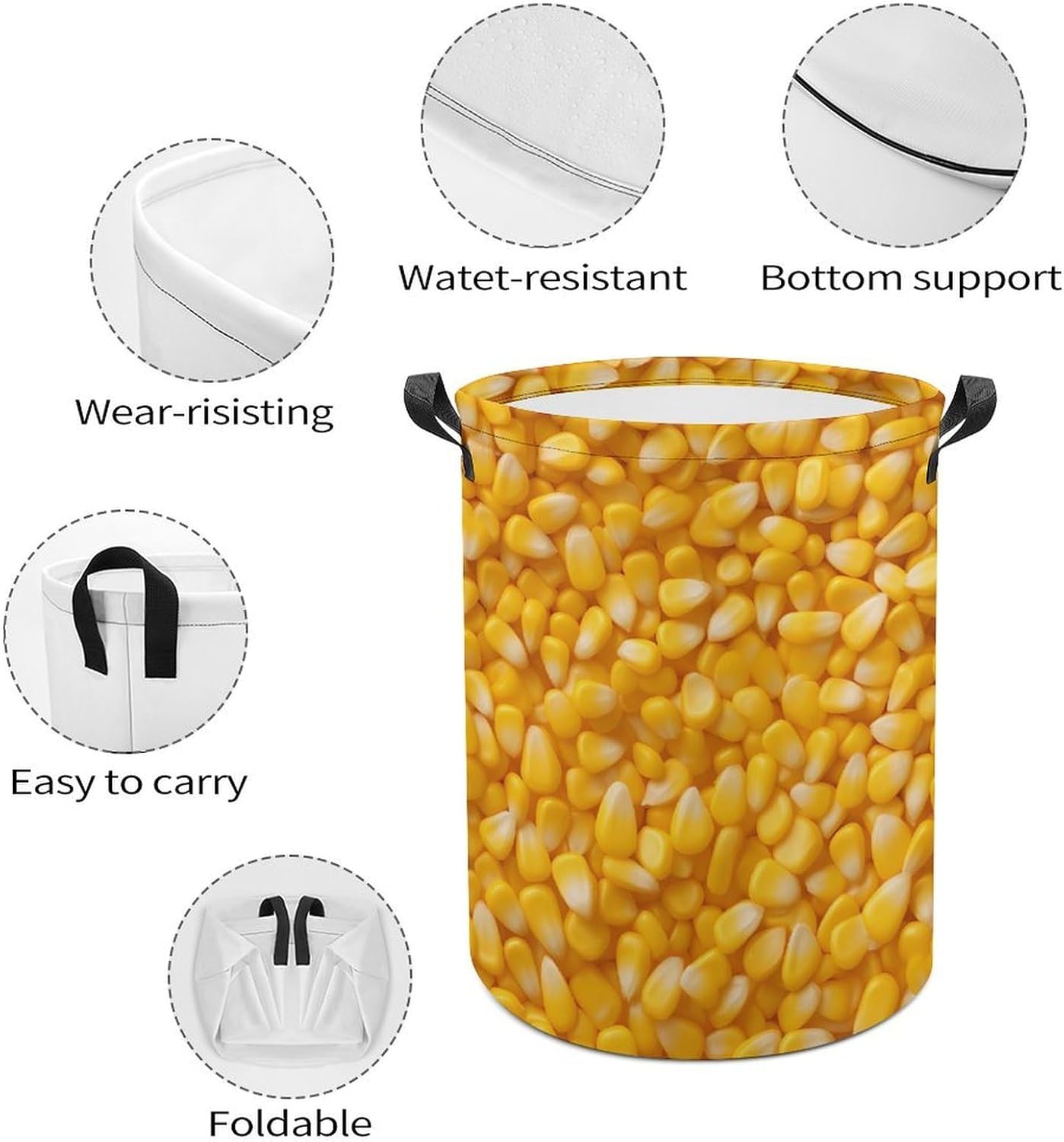 Corn Kernels Novelty Collapsible Laundry Baskets Waterproof Clothes Hamper Storage Bins with Handles 13.8"x13.8"x17.3" 17.3"x17.3"x17.3"