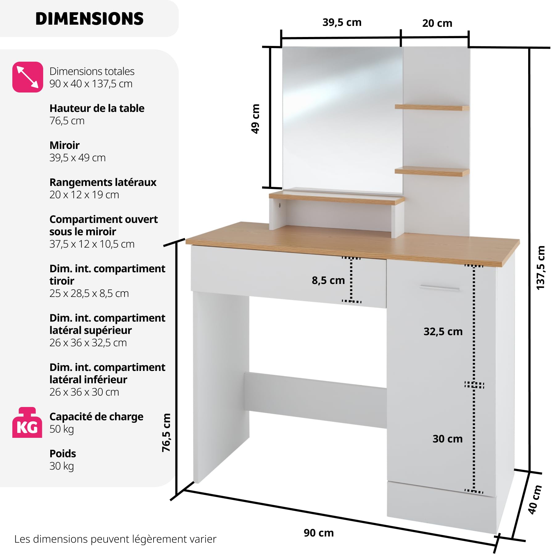 tectake® Coiffeuse avec Miroir Table de Maquillage Vanity Desk Moderne avec 3 étagères 1 tiroir, 1 Compartiment à Porte Rangement Maquillage Meuble Coiffeuse Adulte Femme Blanc/Hêtre