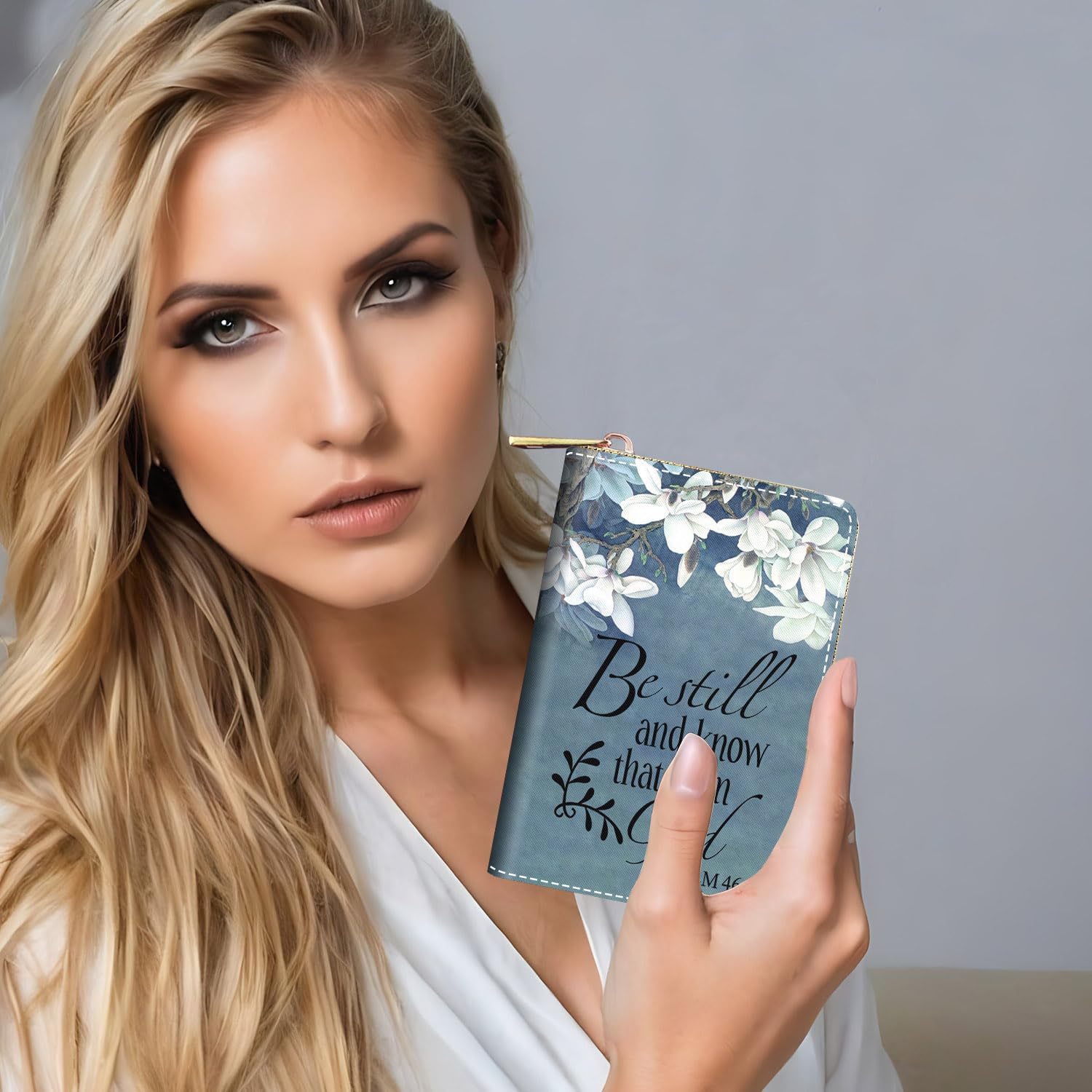 Credit Card Holder Wallets for Women, RFID Blocking Small Leather Card Case Wallet with Zipper Accordion Wallets, Floral Quote Bible Verse Psalm 46:10 - Image 6