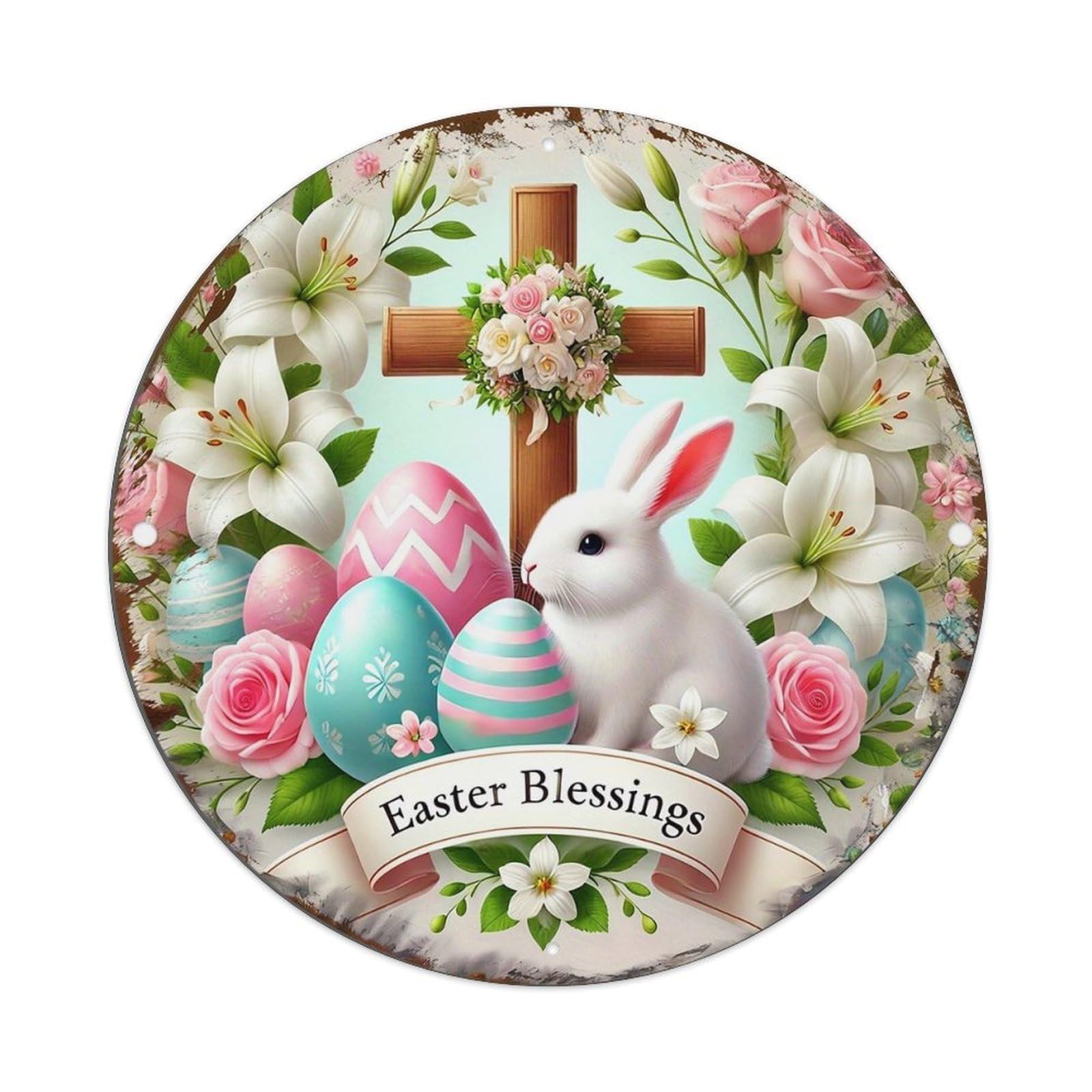 Easter Cross Bunny Eggs Flowers Vintage Round Tin Sign Retro Metal Wall Decor Metal Poster, Home Bar Garage Cafe Wall Art Decoration 8x8Inches
